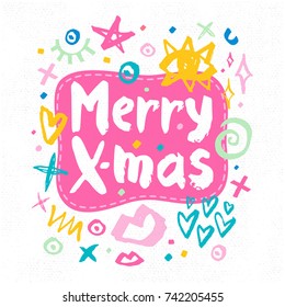 Merry Xmas sketch style. Christmas lettering greeting cards. Multicolor doodles hearts stars eyes lips trendy firecracker fireworks. Hand drawn vector illustration.