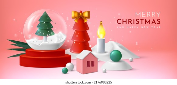 Fondo de nieve de Feliz Navidad. Año Nuevo 3D globo con abeto. Celebración de Navidad. Balón de vidrio y vela. Casa de plástico. Juguetes de decoración sobria. Bola de nieve de vacaciones. Pancarta vectorial realista