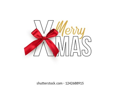 Merry Xmas text with bow isolated on white background. Vector winter holiday design template