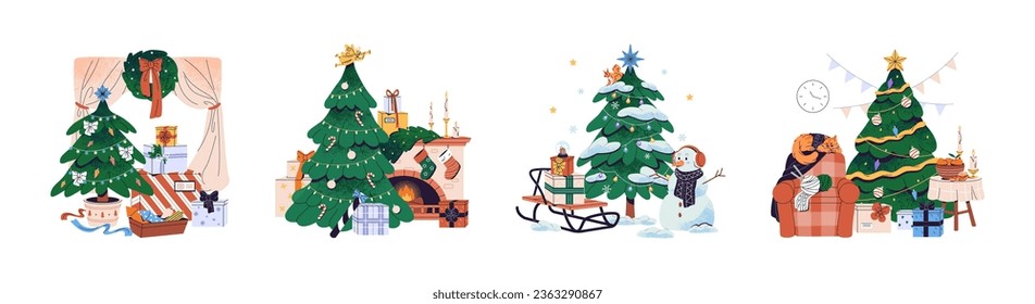 Merry Xmas time. Green Christmas tree with balls, garland, candies. Snowman near newyear fir, socks on fireplace, patterned gifts, wreath. New year symbols flat isolated vector illustration on white