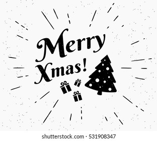 Merry xmas tree vintage black and white illustration for christmas greetings. Retro fashioned illustration of vintage happy new year on textured background. Hipster sunburst rays engrave on white.