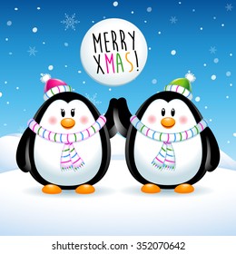 Merry Xmas, two penguins on christmas