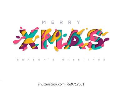 Merry Xmas typography design with abstract paper cut shapes. Vector illustration. Colorful carving art. Christmas poster or greeting card on white background