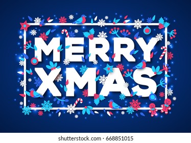 Merry Xmas typography design with paper cut decorations and square frame. Vector illustration. Colorful carving art. Christmas poster or greeting card on blue background.