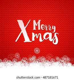 Merry Xmas typography on red kniting background with snowflakes decor. Vector illustration for winter holidays.