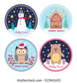Merry Xmas. Vector set of Christmas decor. Hand drawn holiday stickers with owl, bear, snowman, gingerbread house, snowflakes, berries, stars, trees. Isolated. On white background.