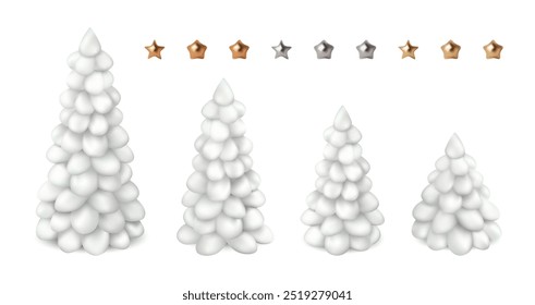 Merry xmas white snow tree with stars and balls. Vector 3d element decor. Noel holiday new year gold, silver and copper ornaments. Elegant blue pine modern isolated design elements. Cone toy pine