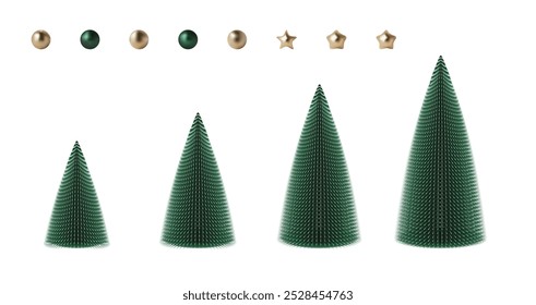 Árbol de nieve blanco feliz de la Navidad con las estrellas y las bolas. Vector 3D elemento de decoración. Ornamentos de oro, plata y cobre de Noel Holiday Año Nuevo. Elegantes Elementos de diseño aislados modernos de pino azul. Cono de pino de juguete