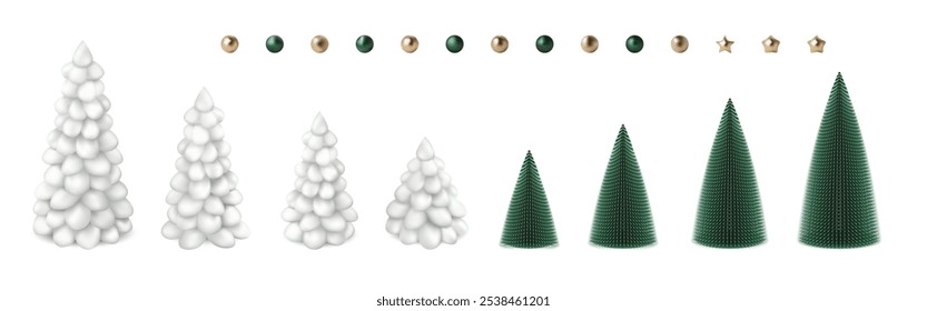 Árbol de nieve blanco feliz de la Navidad con las estrellas y las bolas. Vector 3D elemento de decoración. Ornamentos de oro, plata y cobre de Noel Holiday Año Nuevo. Elegantes Elementos de diseño aislados modernos de pino azul. Cono de pino de juguete