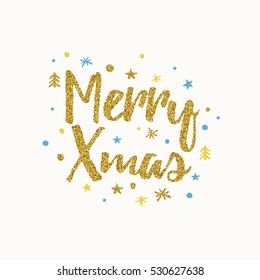 Merry Xmas. Winter elements with gold glitter. Template for your design, invitation, logos, web, card, gift, vip, voucher, certificate.