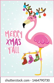 Merry Xmas Y'all - Calligraphy phrase for Christmas with cute flamingo girl. Hand drawn lettering for Xmas greetings cards, invitations. Good for t-shirt, mug, scrap booking, gift.