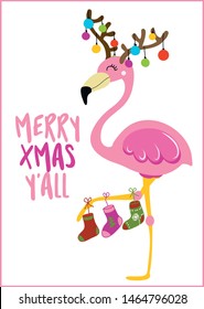 Merry Xmas Y'all - Calligraphy phrase for Christmas with cute flamingo girl. Hand drawn lettering for Xmas greetings cards, invitations. Good for t-shirt, mug, scrap booking, gift.