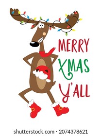 Merry xmas y'all - funny Christmas greeting with cute reindeer in boots. Good for greeting card, textile print, poster, label, postcard.