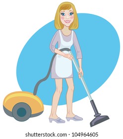 Merry young conscientious housemaid with a vacuum cleaner