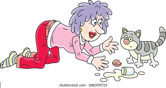 Merry young woman with bright dyed hair feeding and playing with a funny fat striped cat, vector cartoon illustration isolated on a white background