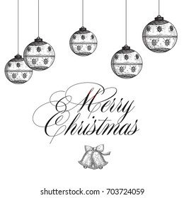 MerryChristmas Background With Hanging Xmas Balls, Stylish Text, And Jingle Bell.