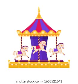 Merry-go-round. Carousel with horses. Amusement park design element. Flat vector illustration