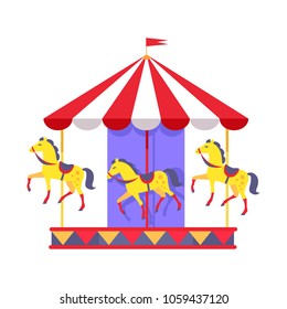 Merry-go-round with funny horses in saddles and striped roof with red flag on top isolated vector illustration on white background.