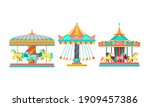 Merry-go-round with Horses as Amusement or Entertainment Park Attractions Vector Set