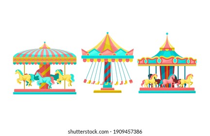 Merry-go-round with Horses as Amusement or Entertainment Park Attractions Vector Set