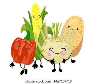 MERRYY FRIENDS HEALTHY FOOD. FRESH NATURAL VEGETABLES PERSONS A cartoon image with big eyes. Comic character in kawaii style. Vector illustration