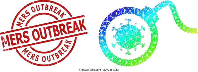 Mers Bromean sello sucio y un icono de la bomba del virus de color arcoiris bajo con gradiente. El sello rojo tiene el título Mers Outbreak dentro del círculo y la forma de las líneas.