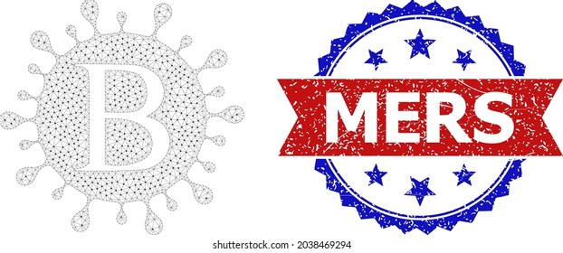 Mers textured watermark, and Beta coronavirus icon mesh model. Red and blue bicolor seal has Mers title inside ribbon and rosette. Abstract flat mesh Beta coronavirus, designed with flat mesh.
