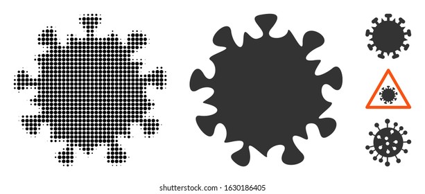 MERS virus halftone vector icon and solid version. Illustration style is dotted iconic MERS virus icon symbol on a white background. Halftone texture is round points. Some bonus pictograms.