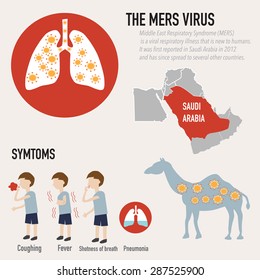 Mers Virus Infographic the middle-east Sadui Arabia virus from camel to human with symptoms Coughing,Fever,Shotness of breath and Pneumonia