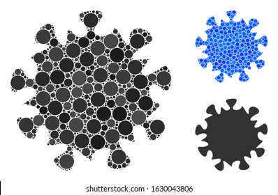 MERS virus mosaic of small circles in various sizes and color tones, based on MERS virus icon. Vector random circles are united into blue mosaic. Dotted MERS virus icon in usual and blue versions.