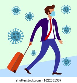 MERS-Cov, COVID-19, 2019-nCoV, man in suit with blue medical face mask and travel bag  with coronavirus in air. risk of Contracting virus while traveling