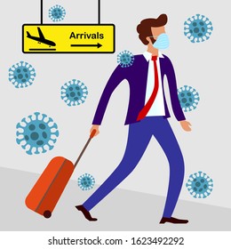 MERS-Cov, COVID-19, Novel coronavirus (2019-nCoV), bearded man in suit with blue medical face mask and travel bag on wheels moves from direction of arrival