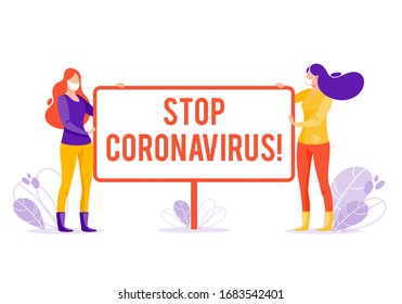 MERS-Cov, COVID-19, Novel coronavirus (2019-nCoV). Concept of coronavirus quarantine. Vector concept illustration of danger or error sign in flat style. Women with exclamation point sign and white med