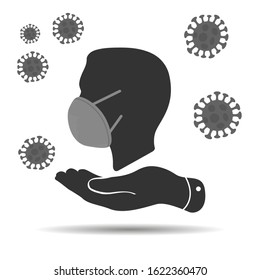 MERS-Cov (middle East respiratory syndrome coronavirus), Novel coronavirus (2019-nCoV), flat hand shows silhouette of person head with hygienic medical mask and symbols of the virus around it