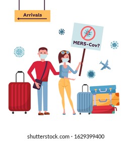 MERS-Cov middle East respiratory syndrome coronavirus , Novel coronavirus 2019-nCoV . Tourists couple from China with medical face mask, travel bag moves from direction of arrival with banner