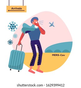 MERS-Cov middle East respiratory syndrome coronavirus , Novel coronavirus 2019-nCoV . Man blowing nose in a handkerchief. Male character with travel bag moves from direction of arrivals zone