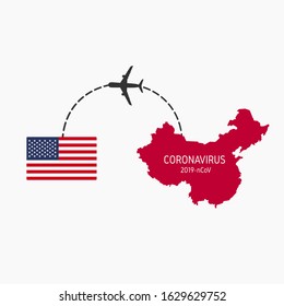 MERS-Cov (middle East respiratory syndrome coronavirus), 2020 Novel coronavirus Pneumonia (2019-nCoV, NCP), icon of departure of coronavirus-charged plane from China and arriving in USA.