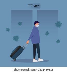 MERS-Cov Middle East Respiratory Syndrome Coronavirus , the New Coronavirus 2019-nCoV , a young man with a blue medical mask and a travel bag on wheels is moving in the direction of take-off. Vector