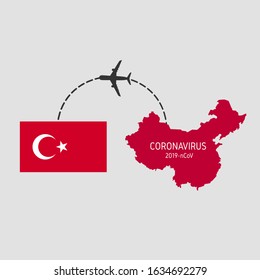 MERS-Cov (middle East respiratory syndrome coronavirus), 2020 Novel coronavirus Pneumonia (2019-nCoV, NCP), icon of departure of coronavirus-charged plane from China and arriving in Turkey.