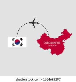 MERS-Cov (middle East respiratory syndrome coronavirus), 2020 Novel coronavirus Pneumonia (2019-nCoV, NCP), icon of departure of coronavirus-charged plane from China and arriving in Korea.