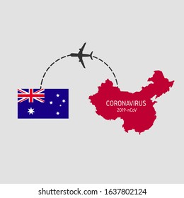 MERS-Cov (middle East respiratory syndrome coronavirus), 2020 Novel coronavirus Pneumonia (2019-nCoV, NCP), icon of departure of coronavirus-charged plane from China and arriving in Australia.