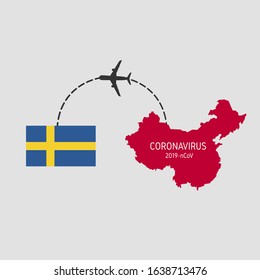 MERS-Cov (middle East respiratory syndrome coronavirus), 2020 Novel coronavirus Pneumonia (2019-nCoV, NCP), icon of departure of coronavirus-charged plane from China and arriving in Sweden.