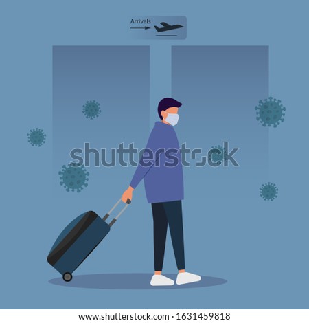 MERS-Cov Middle East Respiratory Syndrome Coronavirus , the New Coronavirus 2019-nCoV , a young man with a blue medical mask and a travel bag on wheels is moving in the direction of take-off. Vector