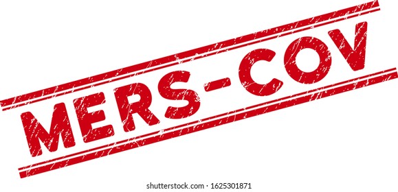 Mers-Cov seal. Red vector distress watermark with Mers-Cov title between double parallel lines. Designed for rubber imitations with unclean rubber style.