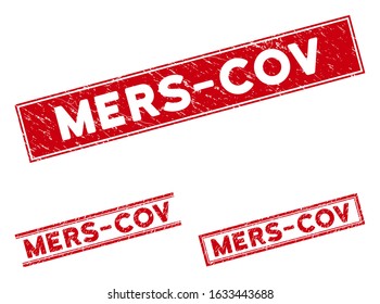 Mers-Cov seal stamps. Red vector rectangle textured stamps with Mers-Cov message. Designed for rubber imitations with scratched rubber surface.
