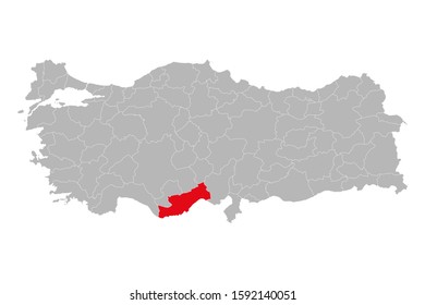 Mersin province highlighted red color on turkey map vector. Gray background.