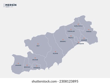 Mersin province of Turkey, province map.