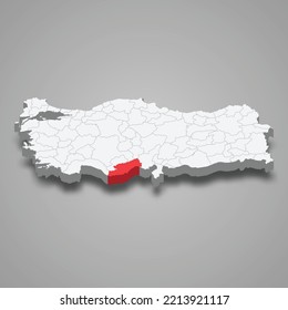 Mersin region location within Turkey 3d isometric map