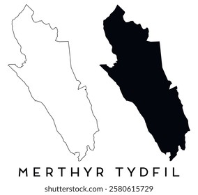 Merthyr Tydfil map outline and black silhouette vector
