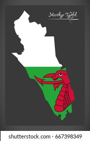 Merthyr Tydfil Wales map with Welsh national flag illustration
